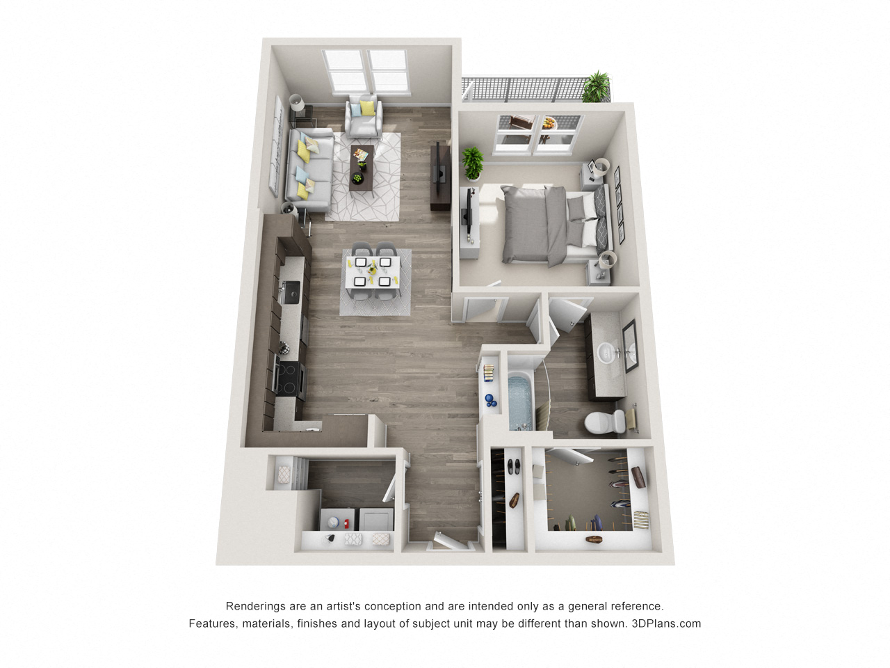 Floor plan for 1 bed, 1 bath, 857 sqft